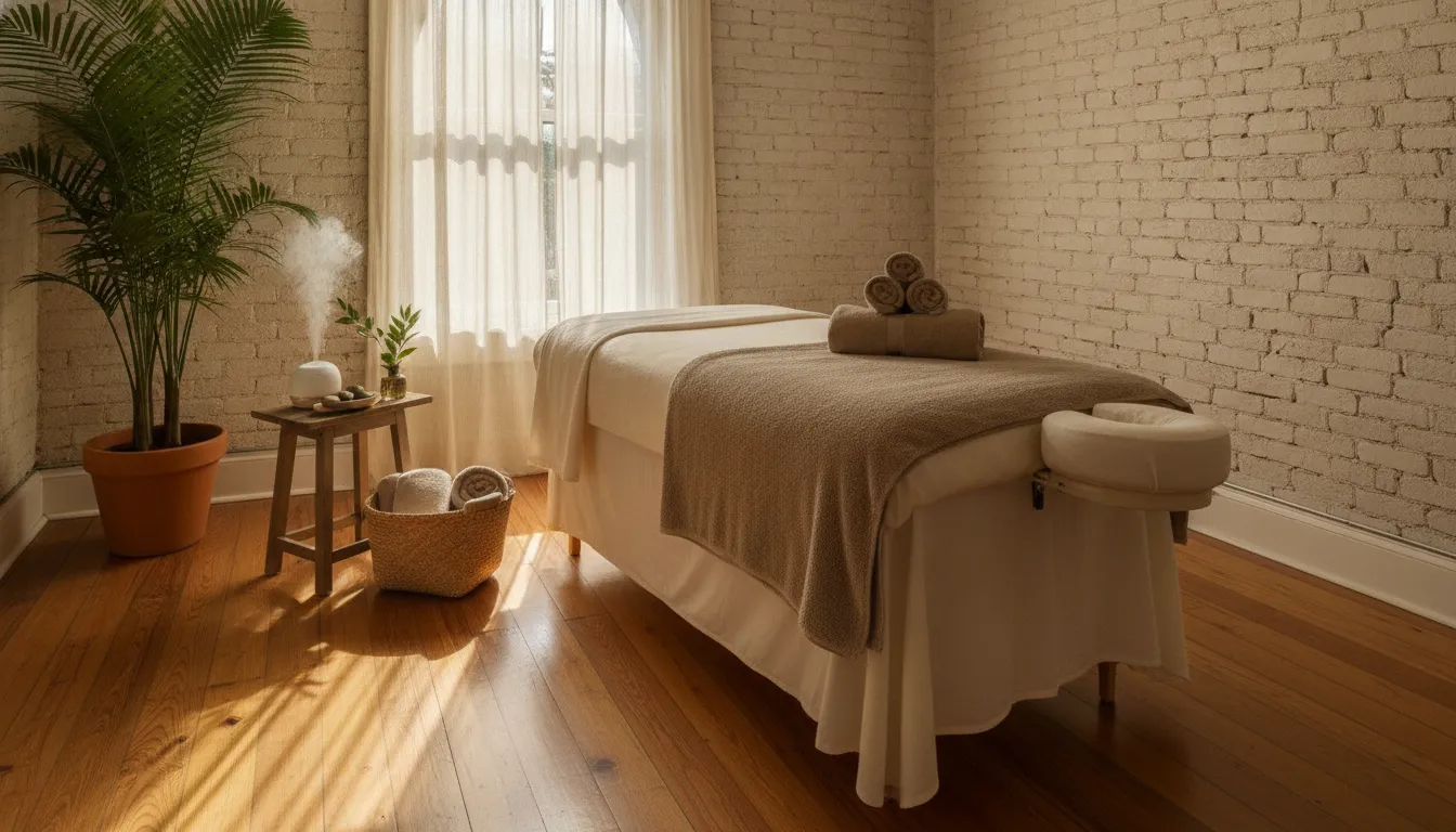 Quiet massage table and treatment room prepared for a first visit in New Orleans