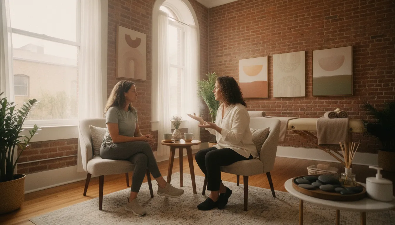 Therapist discussing massage in New Orleans treatment goals with a client