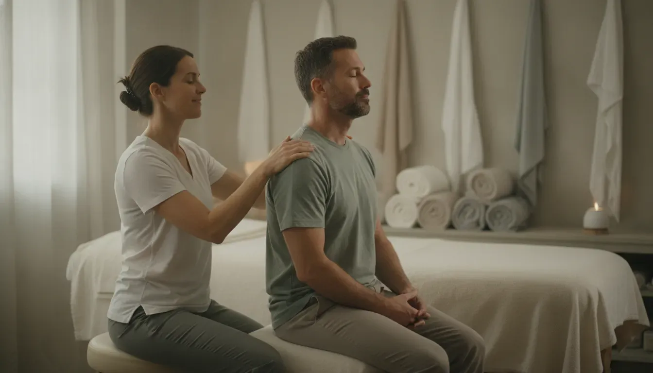 Client and massage therapist discussing comfort and pacing before a session