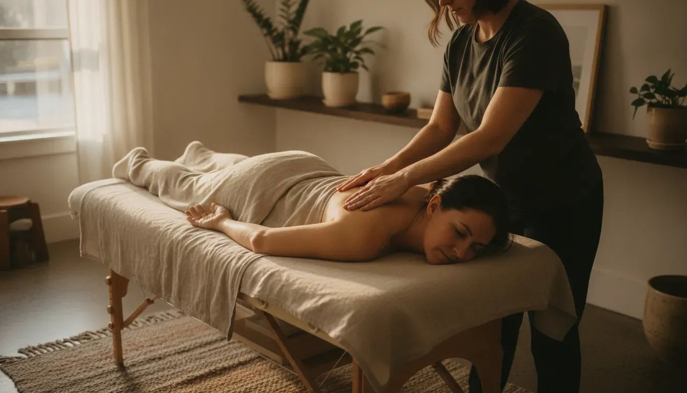 Gentle massage for chronic fatigue with light pressure on a draped client