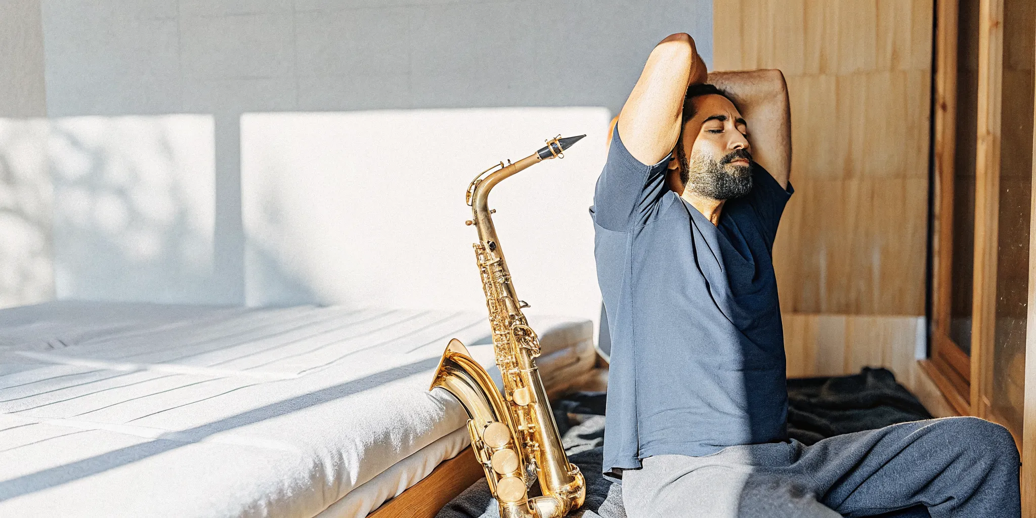 Saxophone player stretching shoulders during post-rehearsal recovery