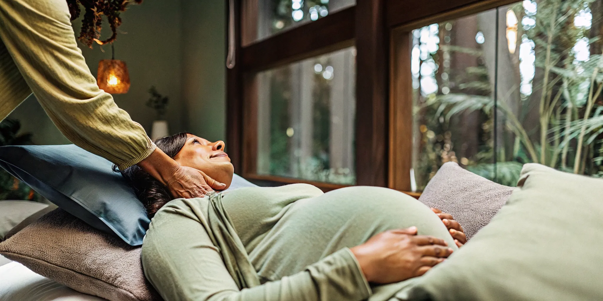 Pregnant client supported in a side-lying position during prenatal massage