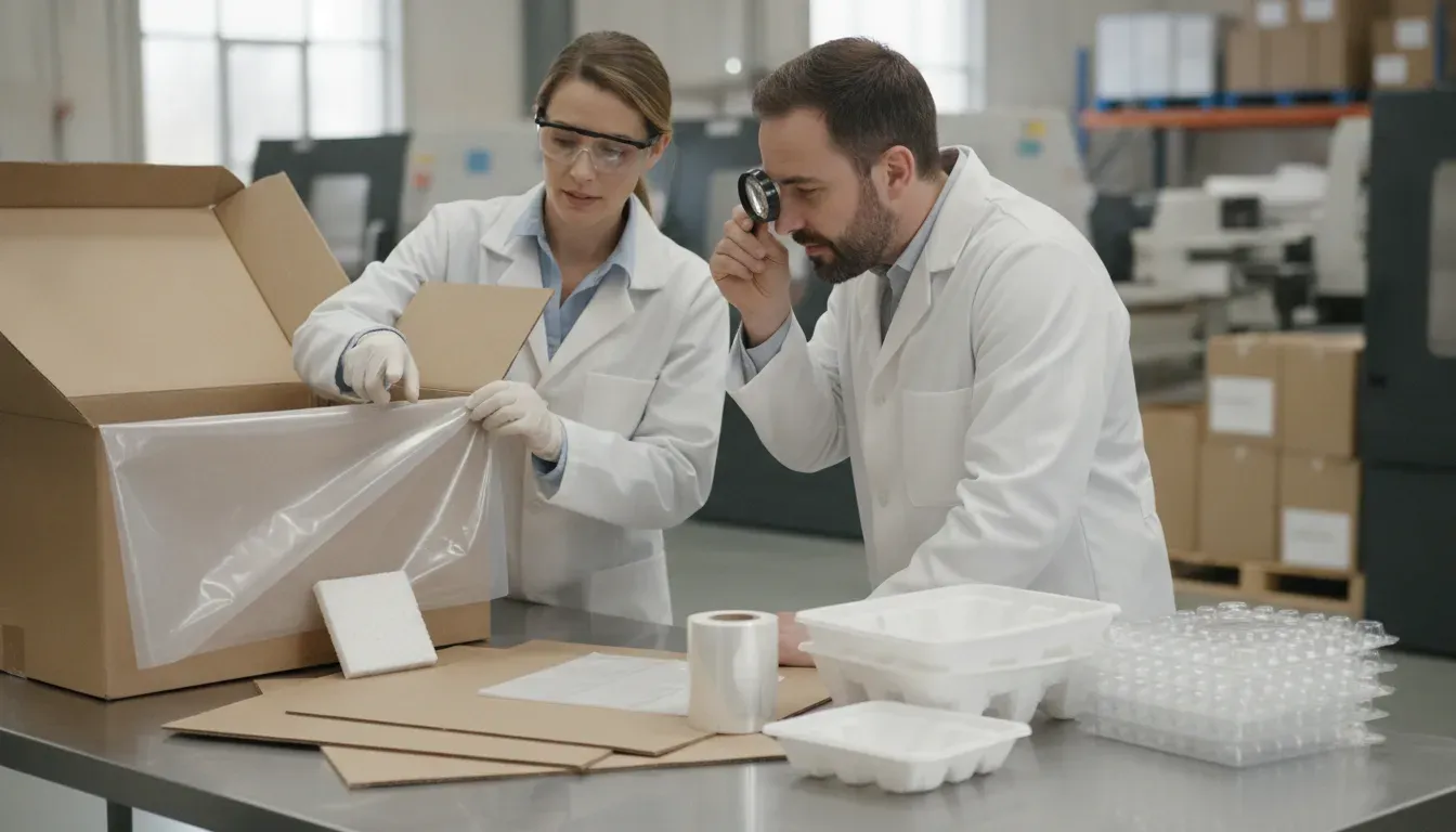 Packaging engineer and quality manager reviewing corrugated packaging layers for a food contact compliance checklist
