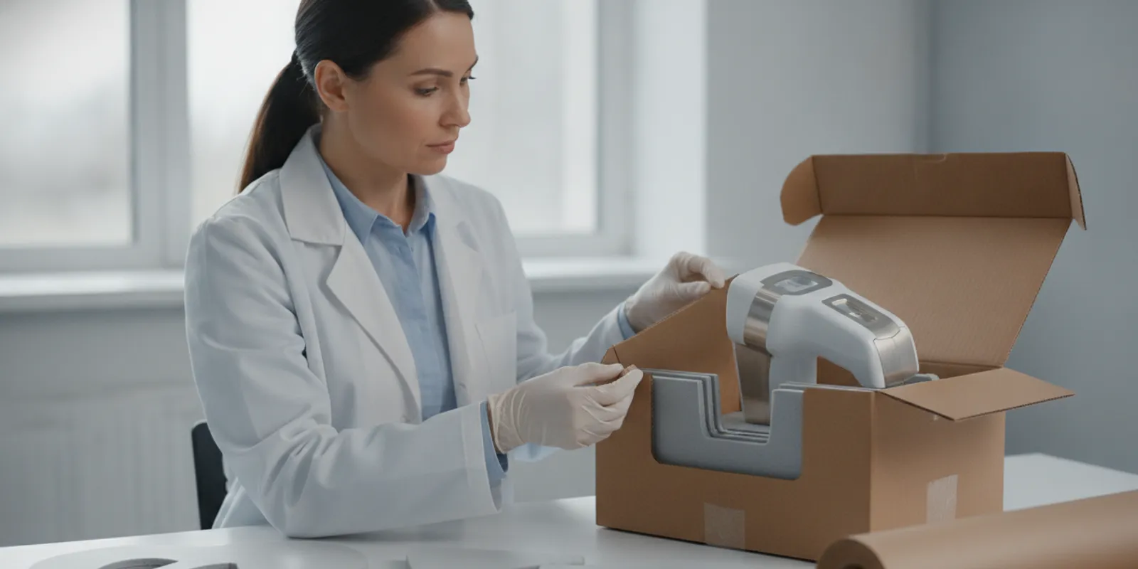 Corrugated medical device packaging being prepared on a clean worktable