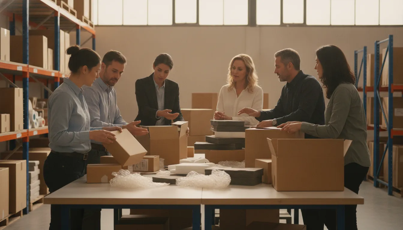 B2B packaging procurement team reviewing corrugated boxes