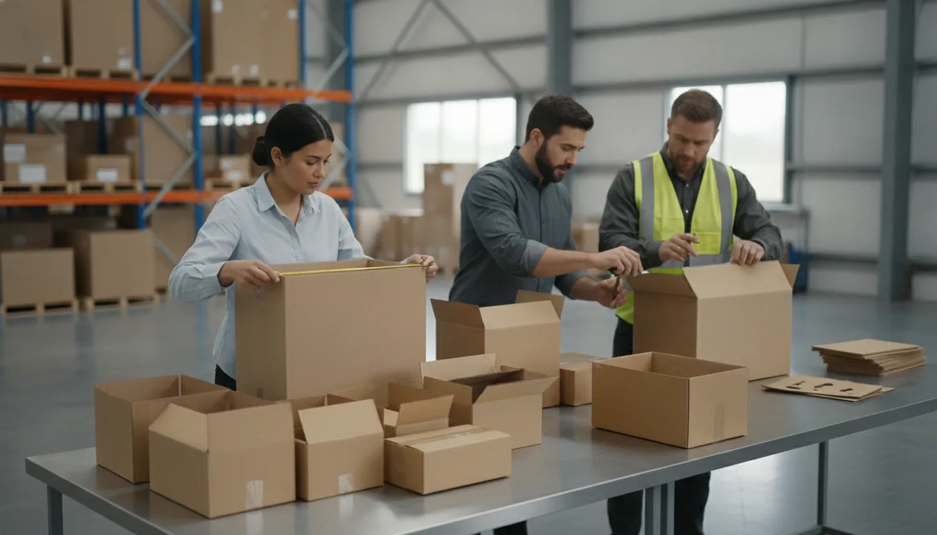 Packaging team reviewing corrugated boxes for multiple product lines