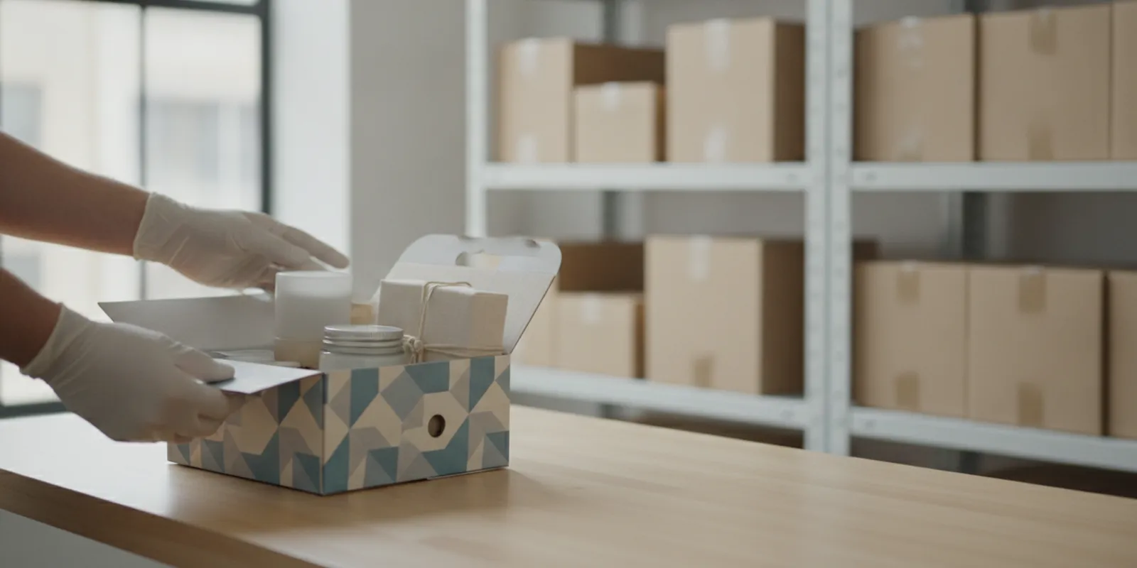 A worker arranging a printed corrugated subscription box and its contents during subscription box fulfillment