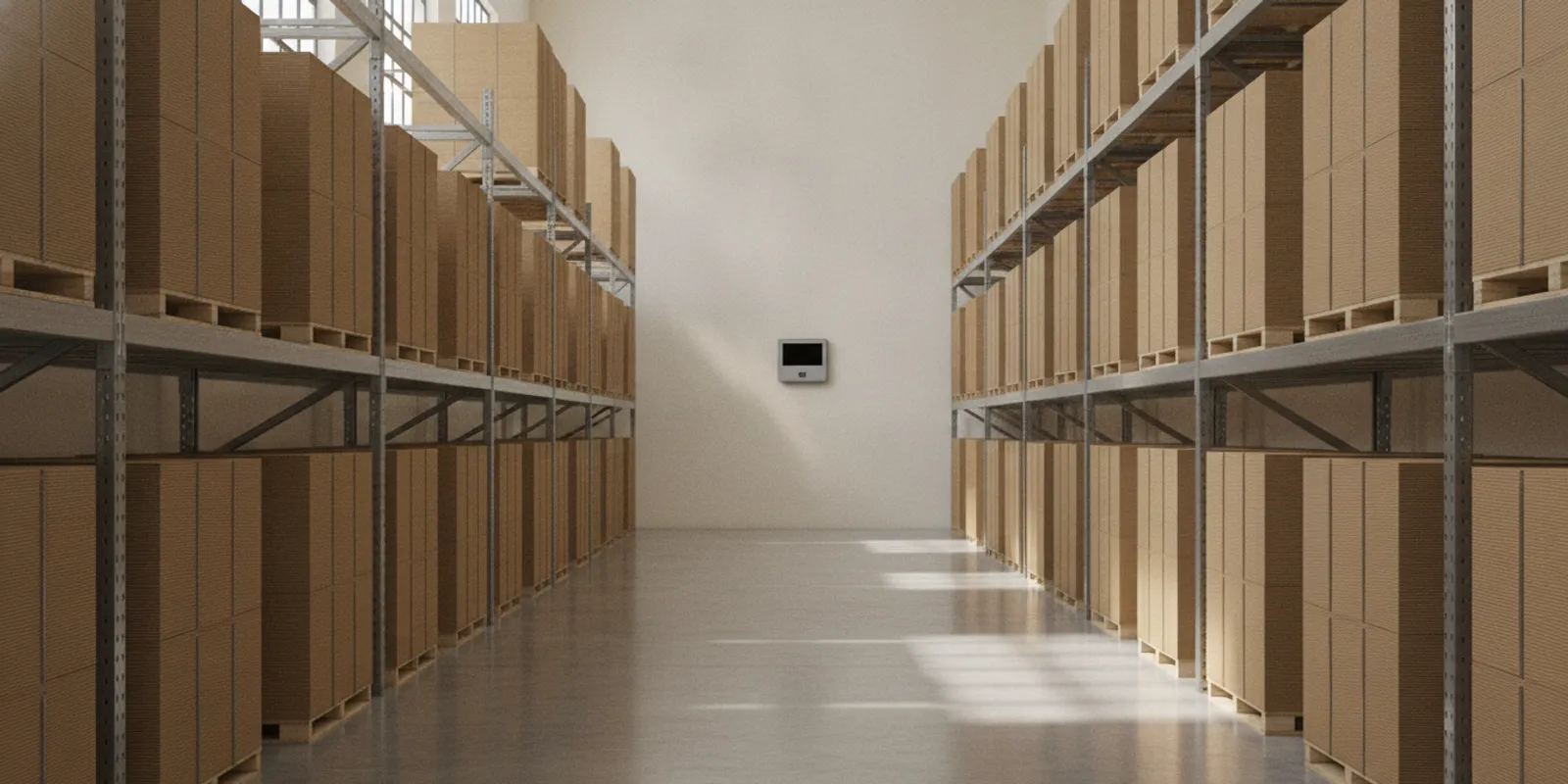 Corrugated boxes stored neatly on warehouse shelving away from damp floors and walls