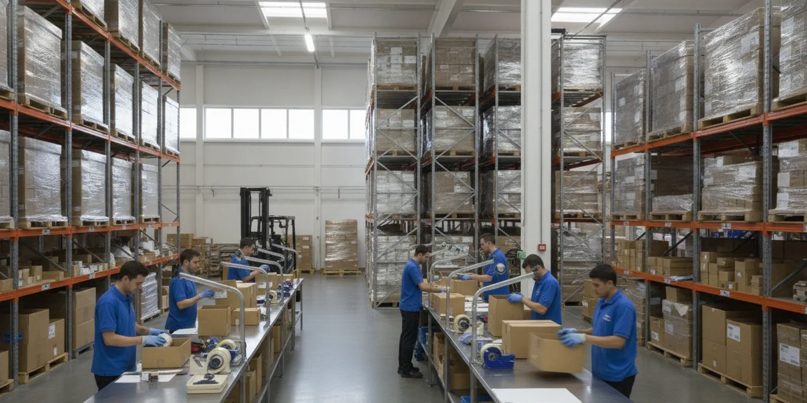 Fulfillment team preparing orders at warehouse packing stations