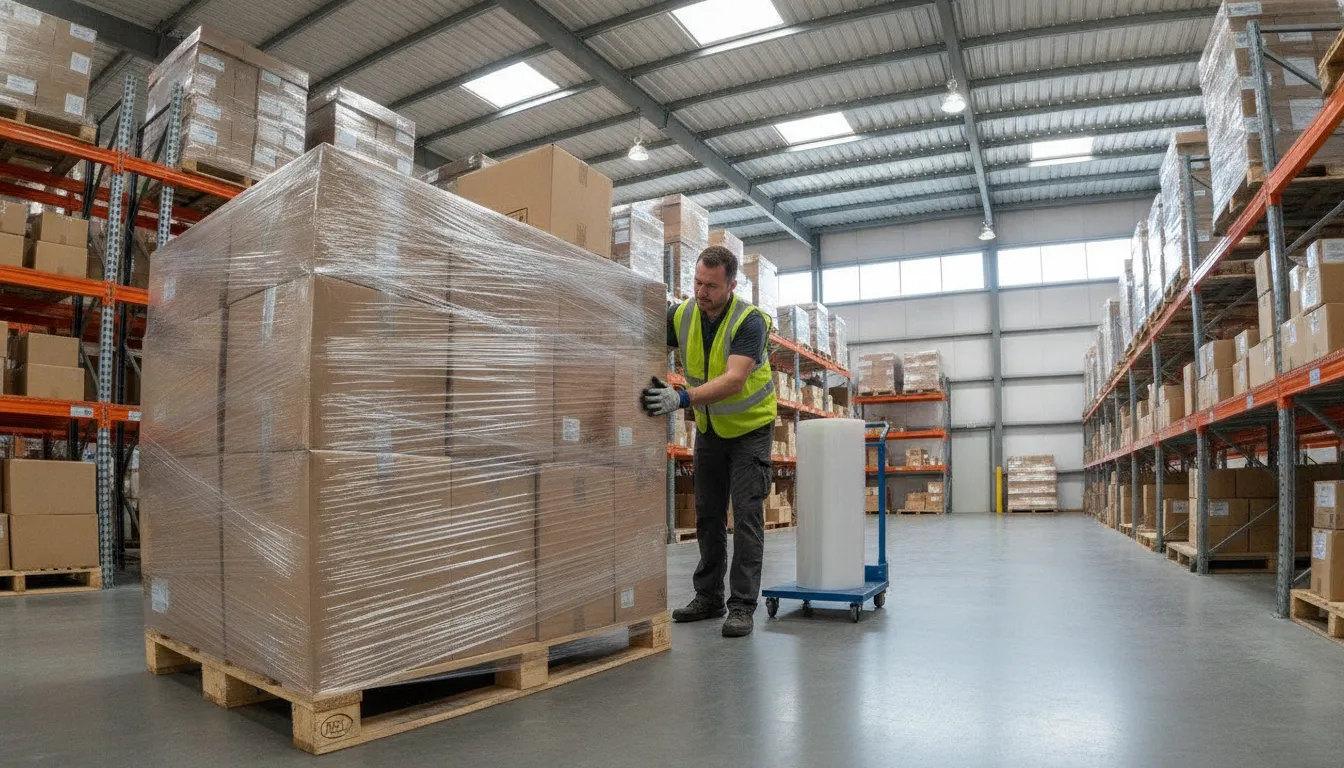 Warehouse worker securing a pallet of corrugated cartons
