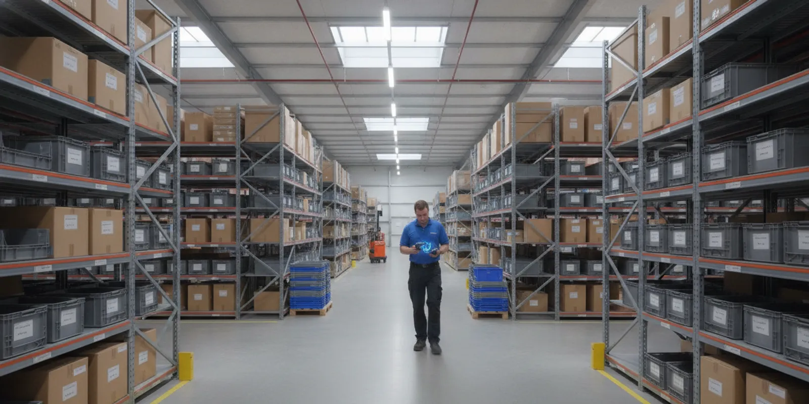 Warehouse associate following a pick route through organized shelving with cartons ready for orders
