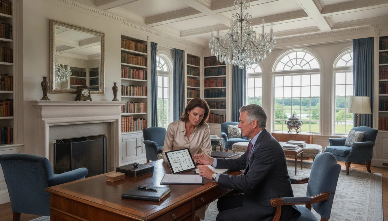 Estate manager discussing private residence operations with a principal