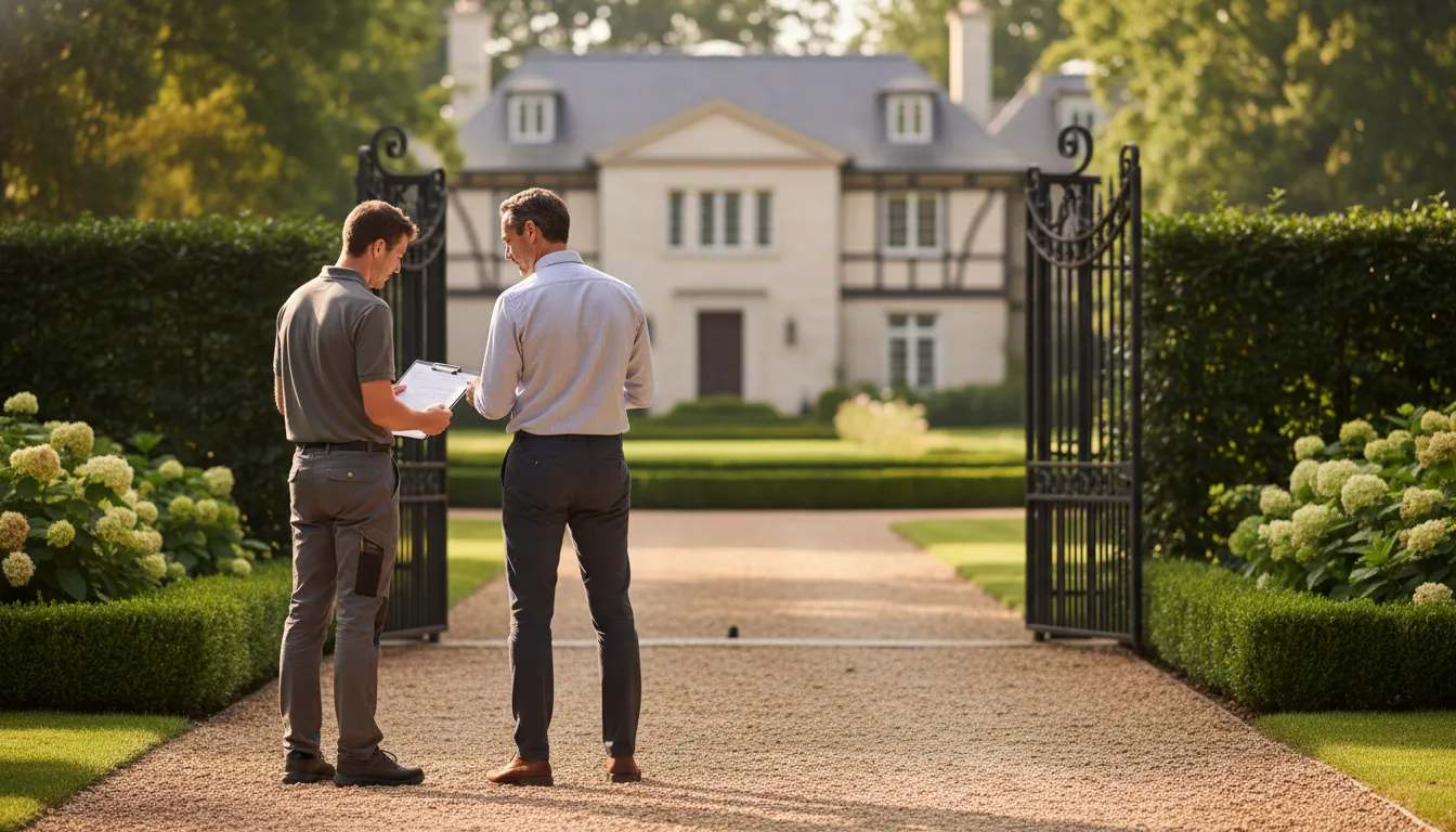 Groundskeeper and estate manager coordinating private grounds access