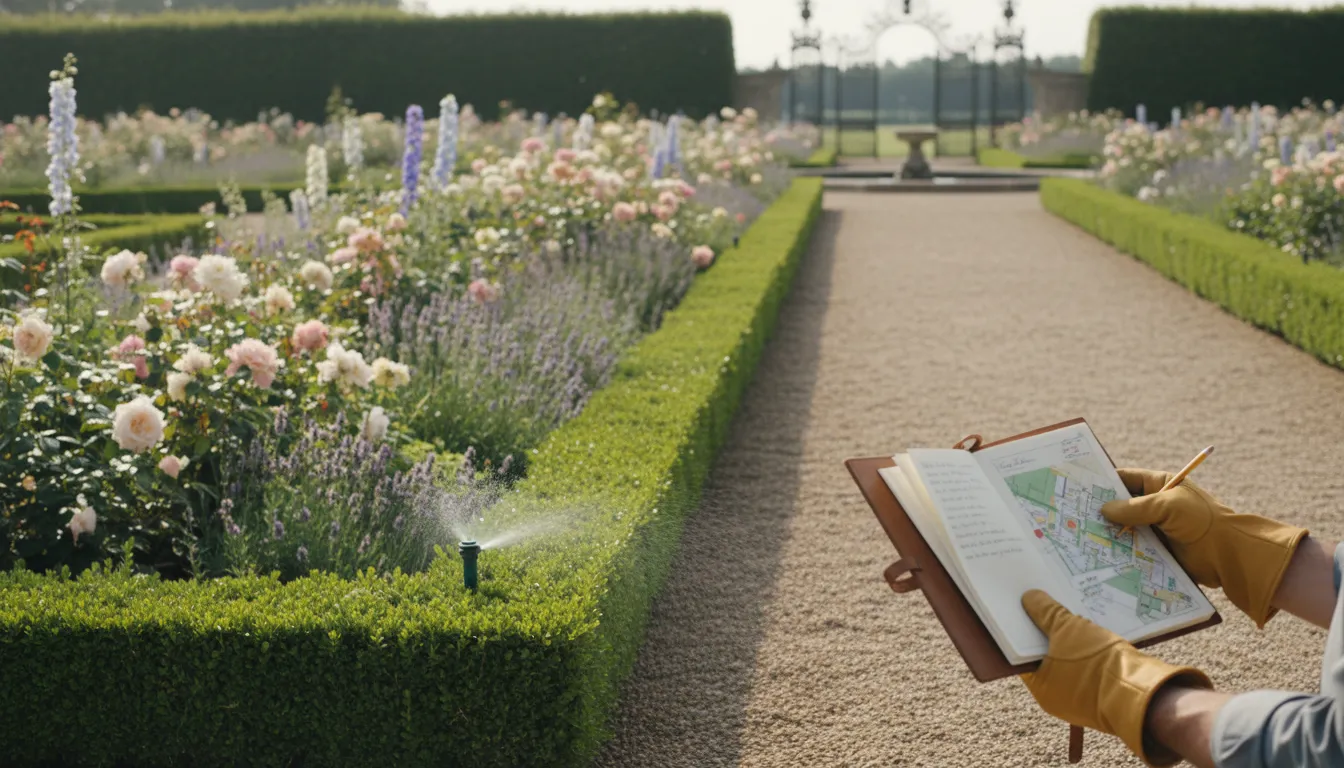 Groundskeeper reviewing seasonal planting plans on luxury estate grounds