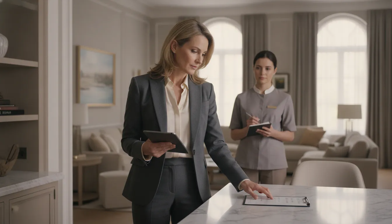 Executive housekeeper coordinating standards with a private household staff member