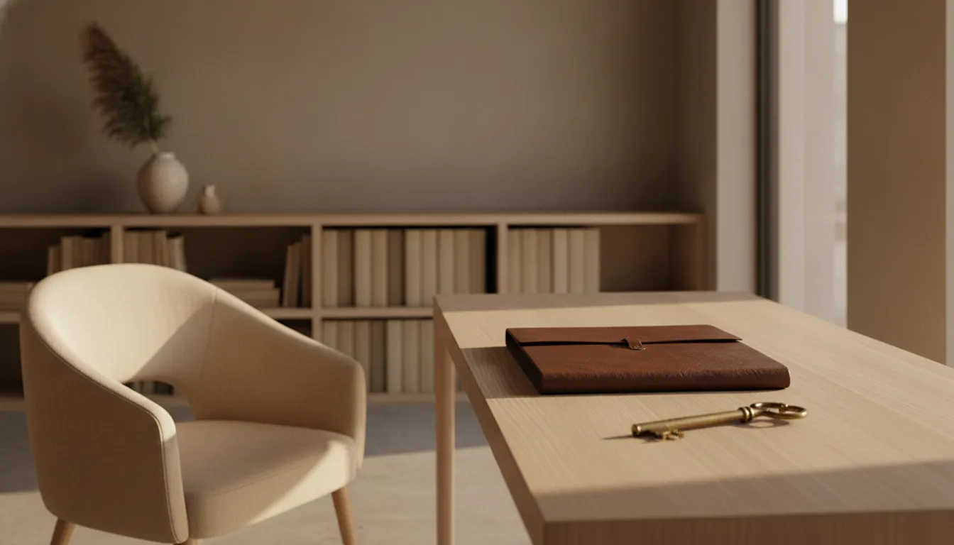 A closed leather folder and a brass key on a pale oak desk, illustrating a household staff background check before keys are issued