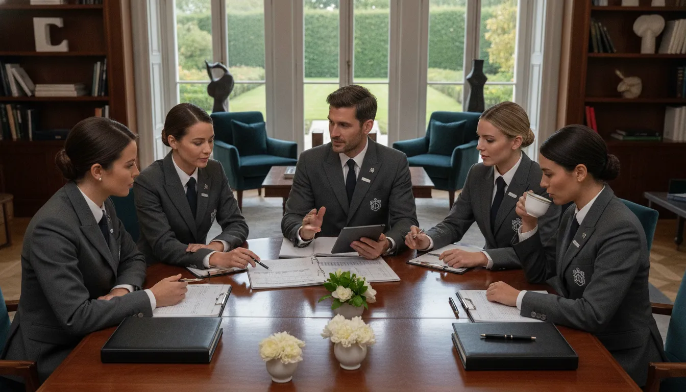 Household team holding a structured operations meeting after conflict resolution