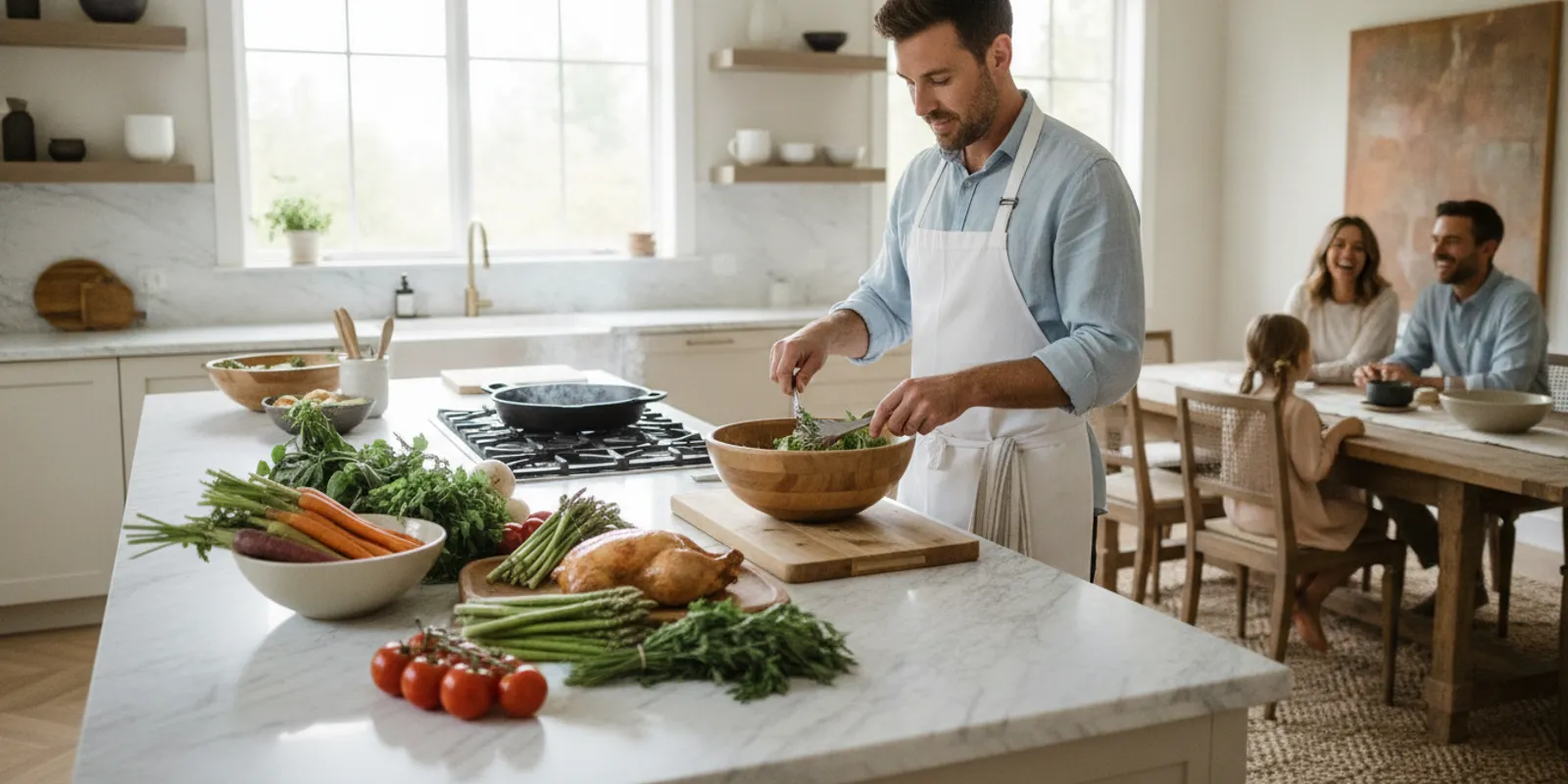 Private chef preparing a family meal in a bright residential kitchen
