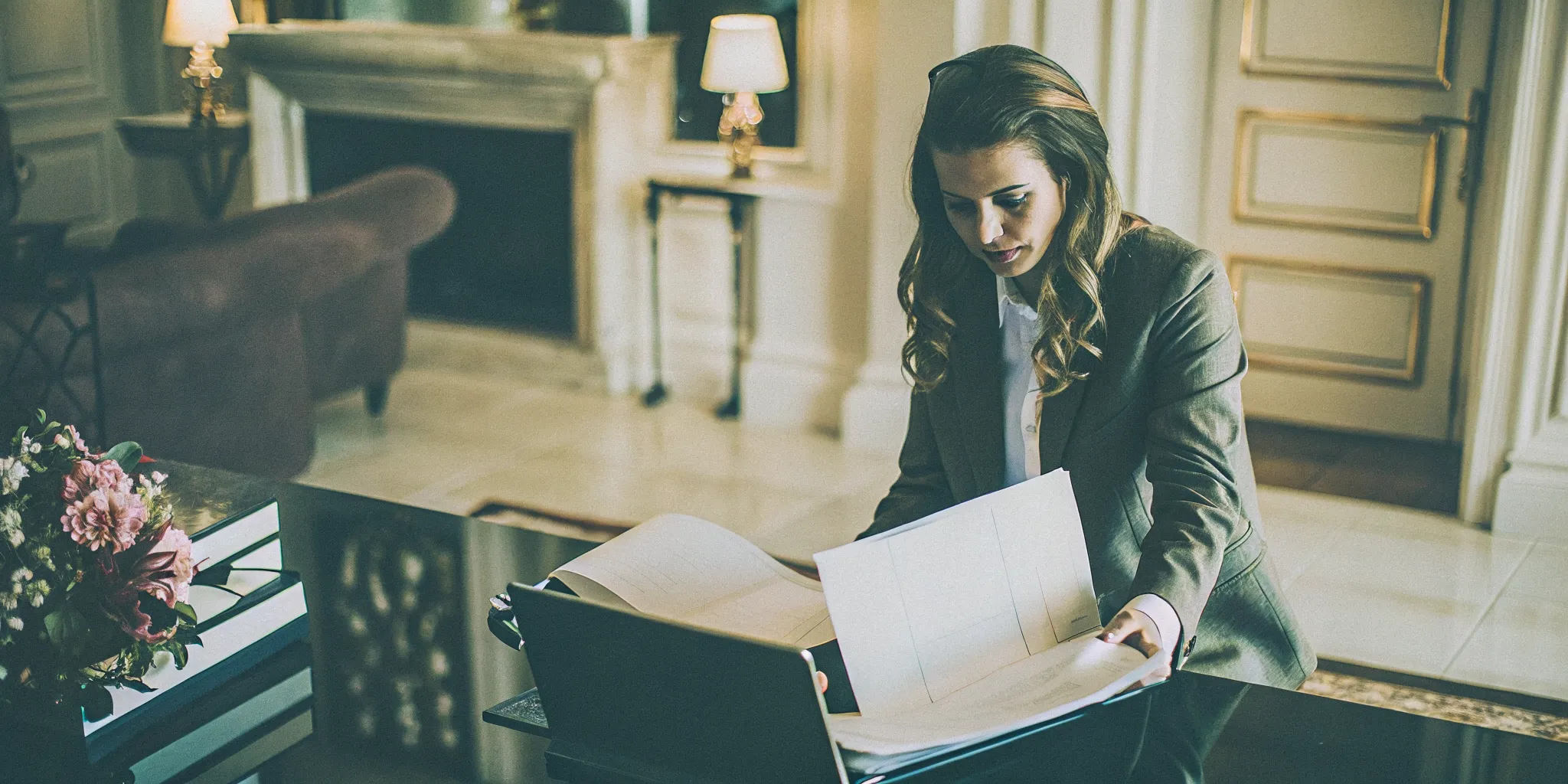 Estate manager reviewing household schedule in a private office at a luxury estate