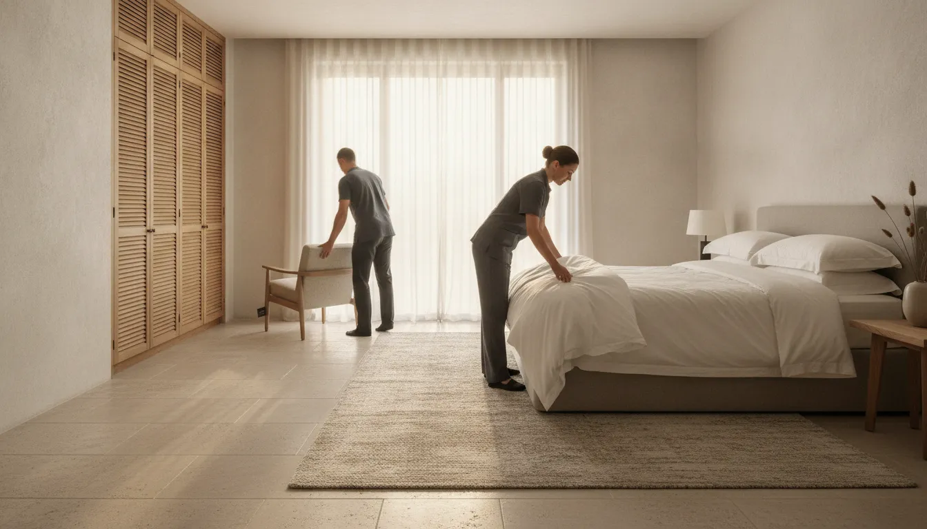 Housekeeper resetting a guest bed while a houseman moves a chair in a private residence