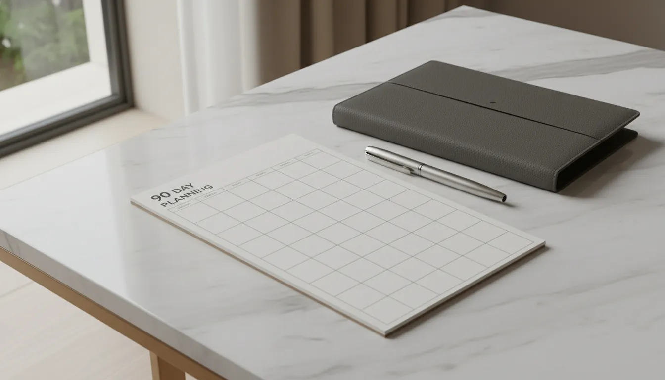 Ninety-day household staff onboarding checklist plan on a residence desk