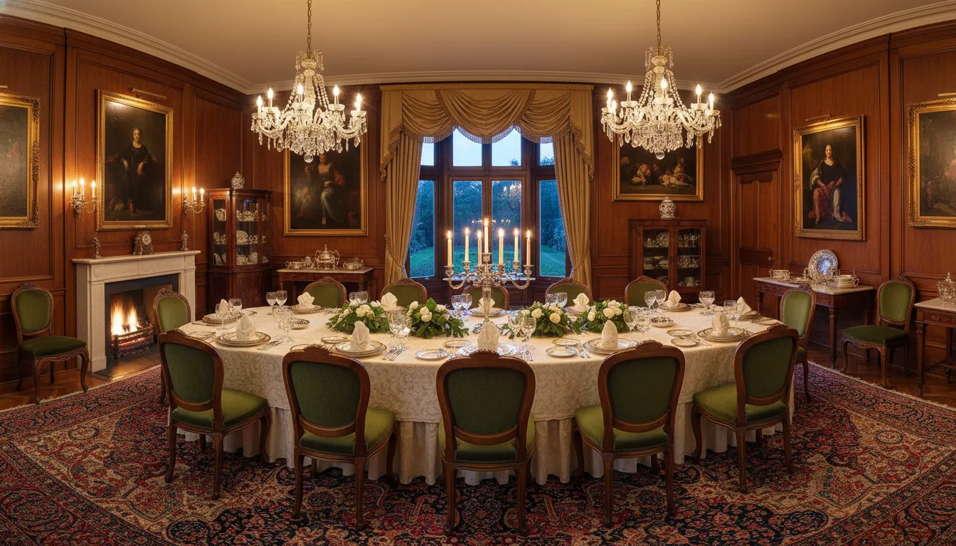 Formal dining room prepared by residence staff for a private event