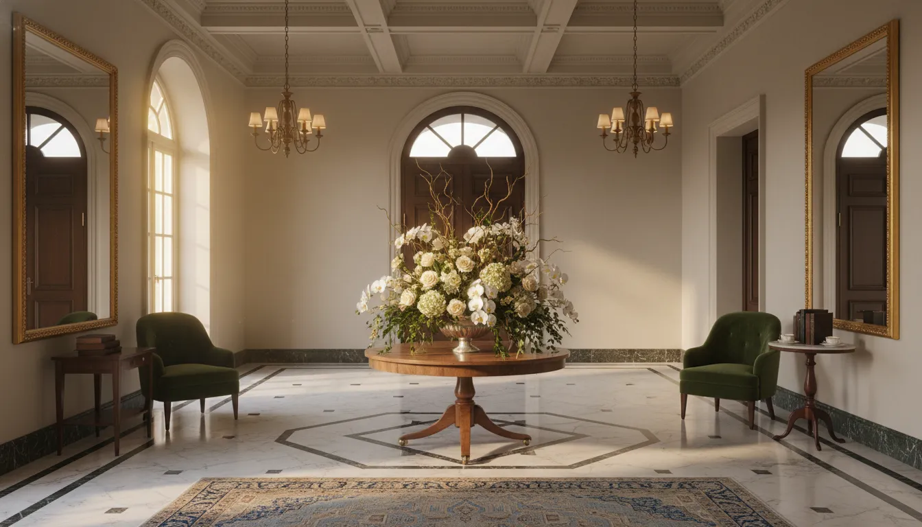 Formal residence entry hall prepared for private event guest arrivals