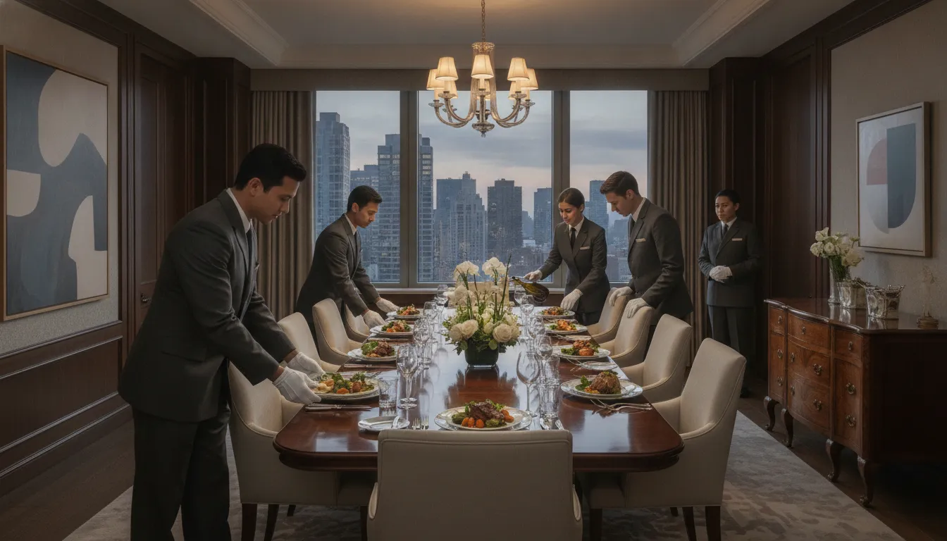 Luxury apartment staff preparing a penthouse for private entertaining