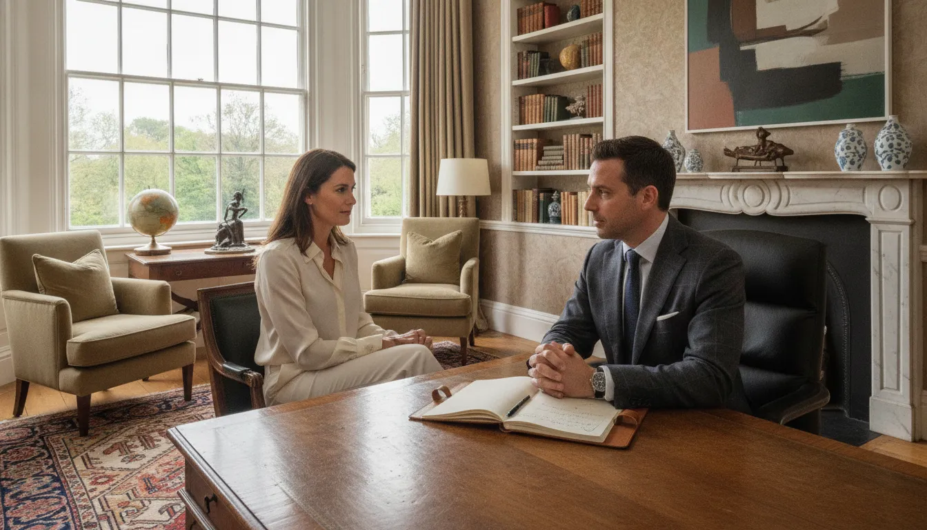 Principal and estate manager conducting a confidential performance review