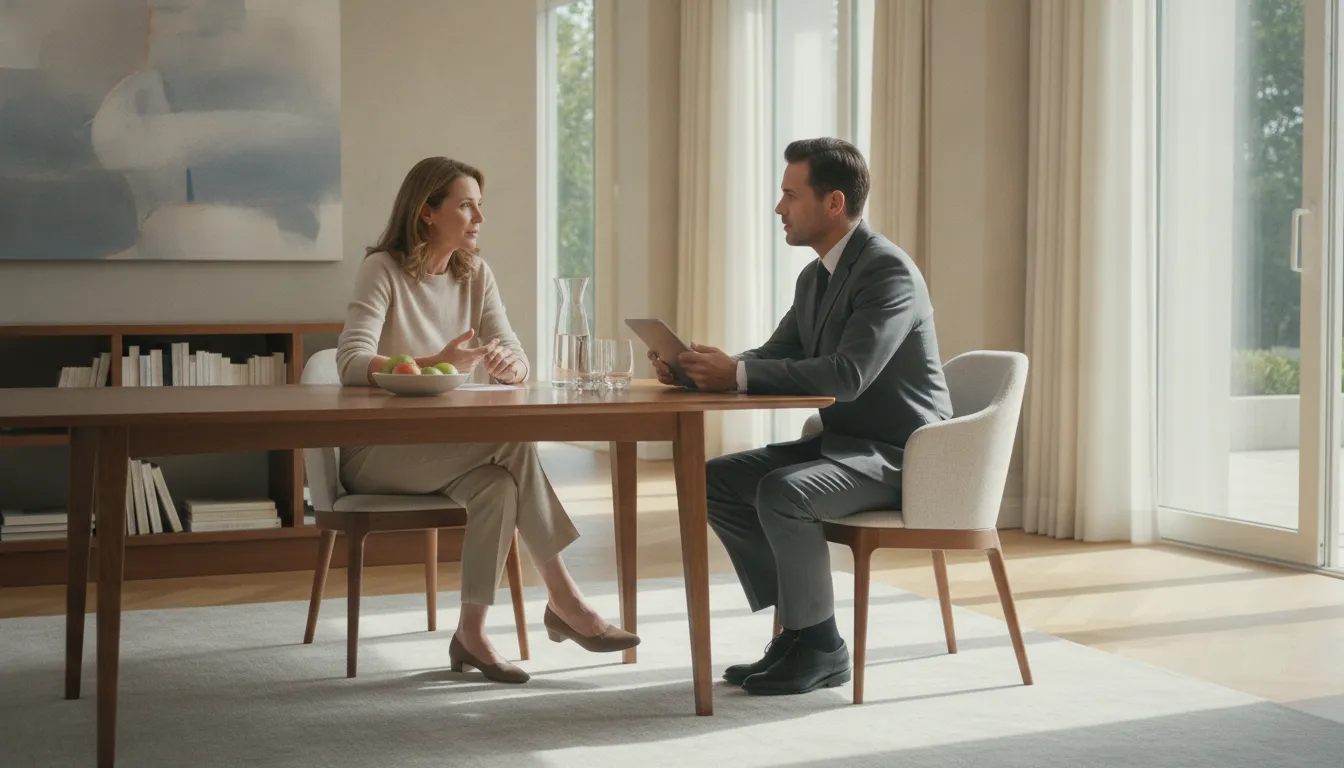 Employer and professional discussing a household staff trial period check-in