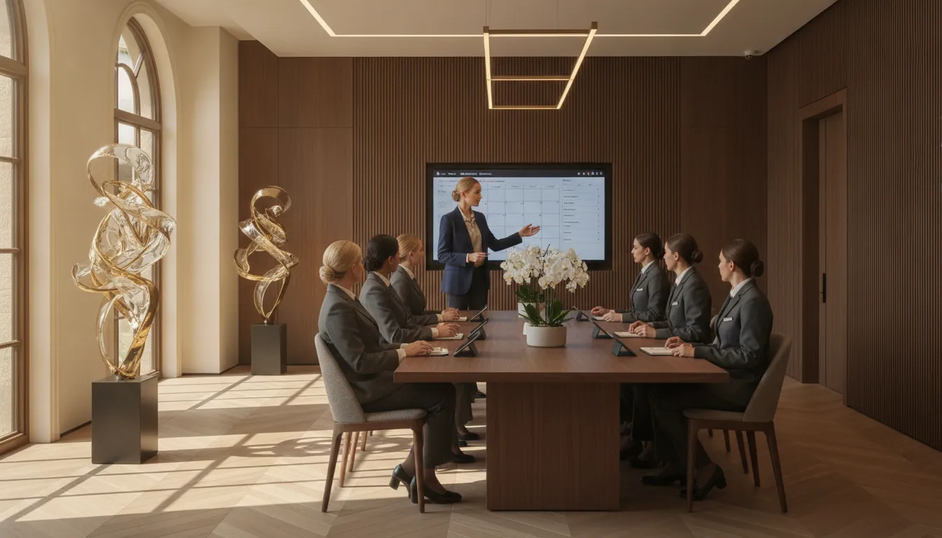 An elegant estate manager leading a morning briefing with professional household staff in a beautifully styled private residence hallway