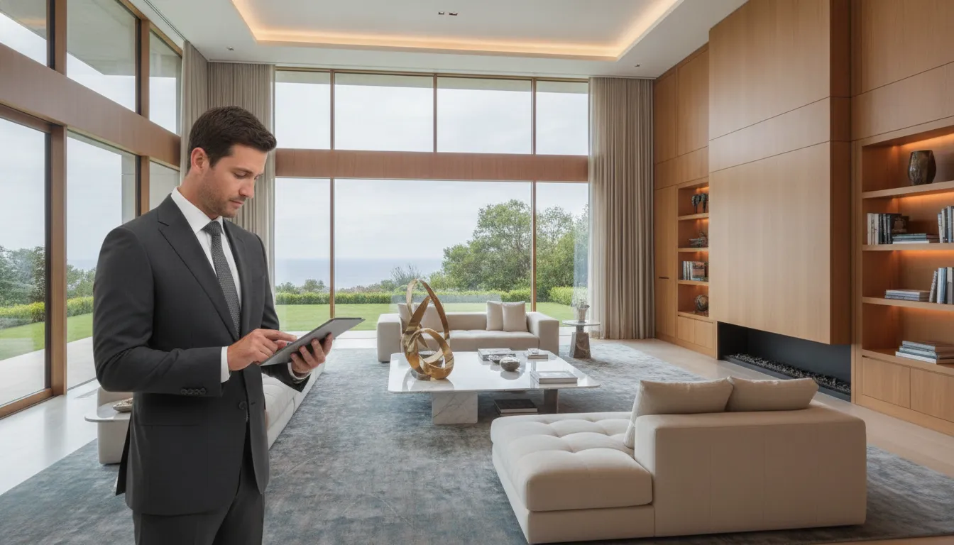 An estate manager in a luxury home checking off daily maintenance tasks on a digital tablet