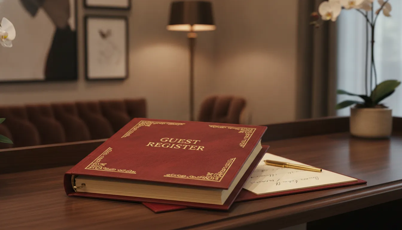 A close up photo of a luxury leather binder guest book resting on a dark walnut desk in a private estate foyer