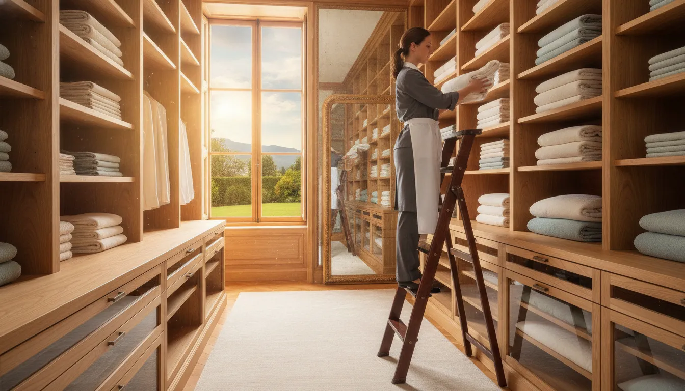 A professional housekeeper neatly organizing freshly laundered linens in a luxury estate