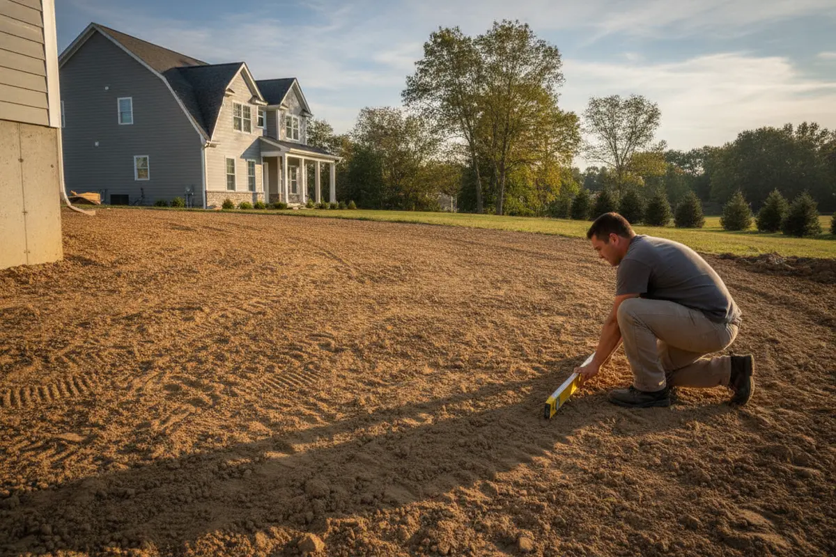 A landscape professional checking yard slope before finish work