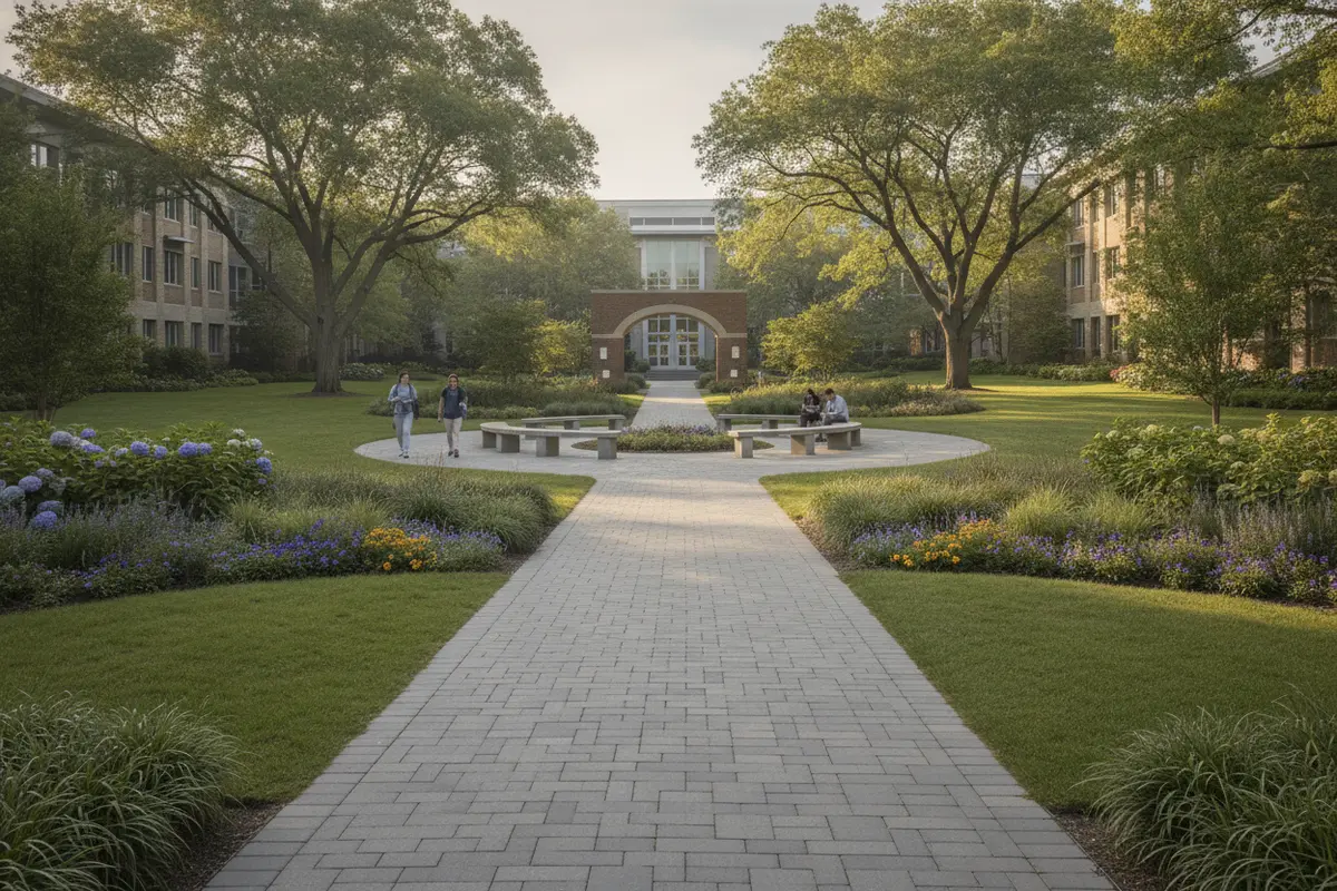 A school campus walkway connecting a building entrance with landscaped outdoor space