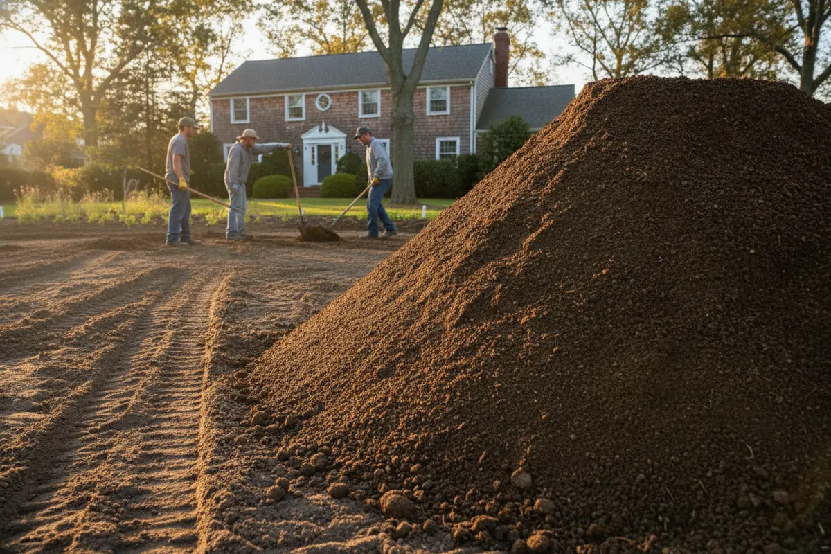 A topsoil stockpile kept clear of equipment traffic before spreading