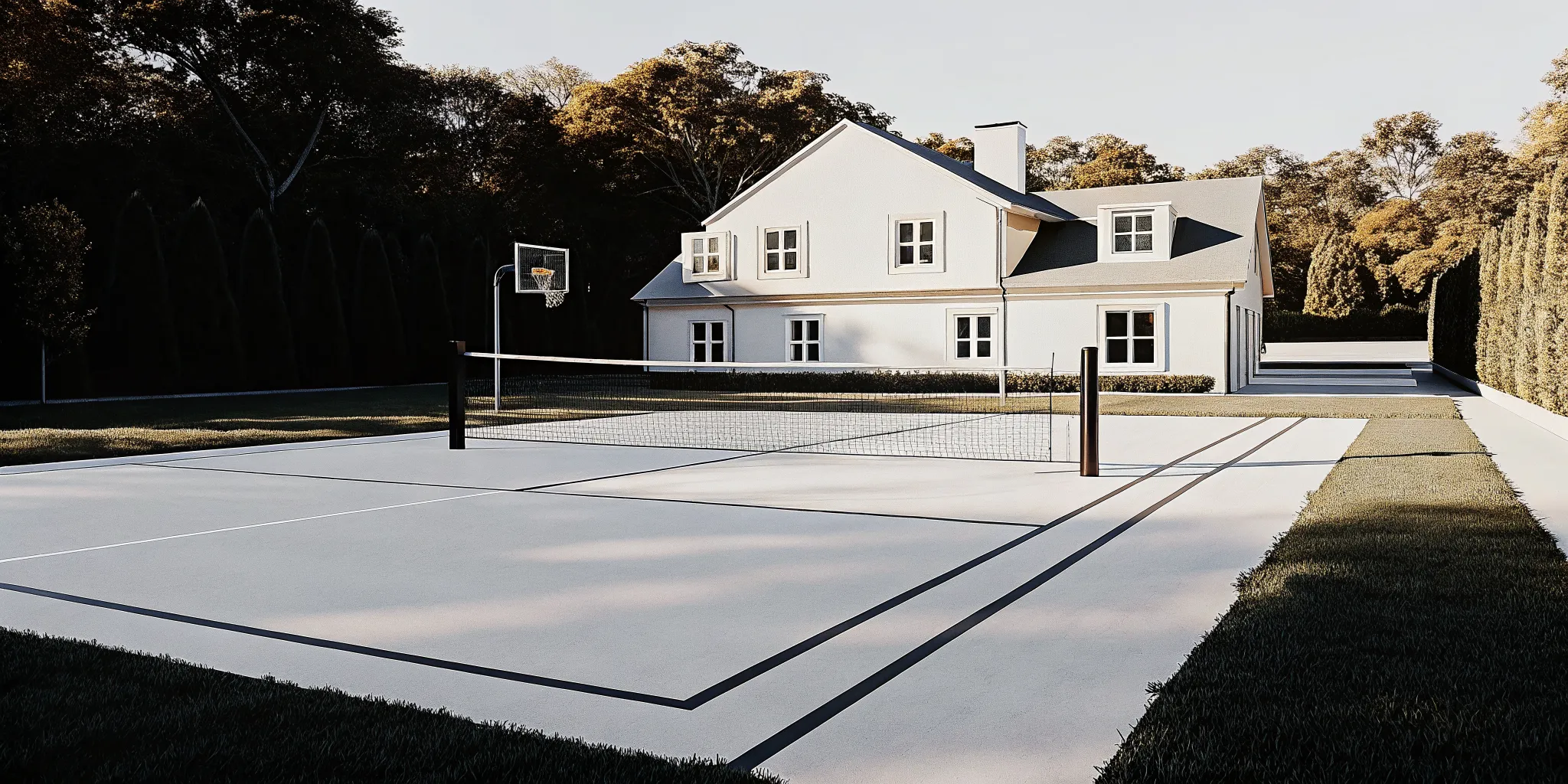 Combined basketball and pickleball court layout in a Long Island backyard