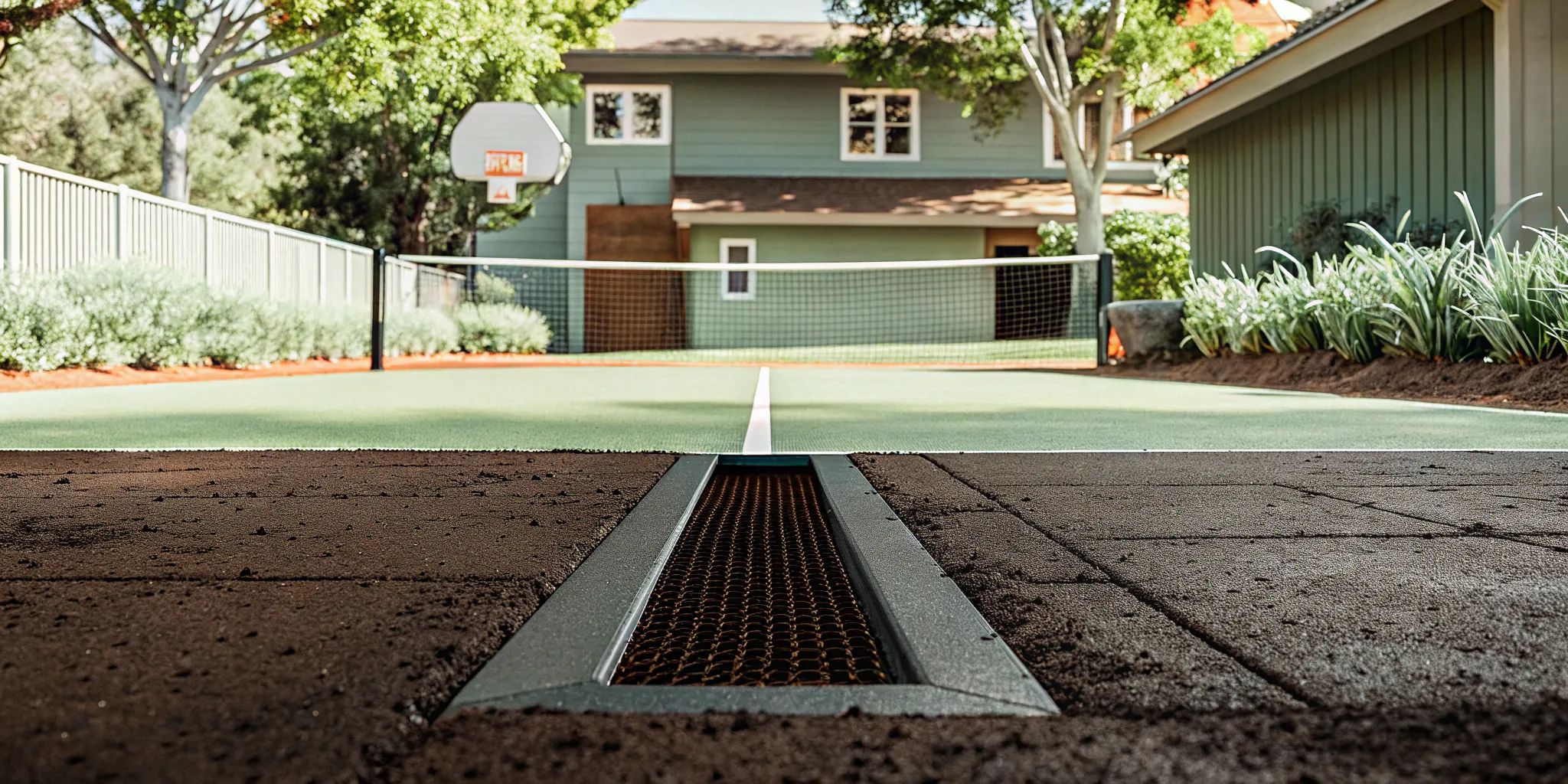 Game court surface and drainage edge for basketball and pickleball