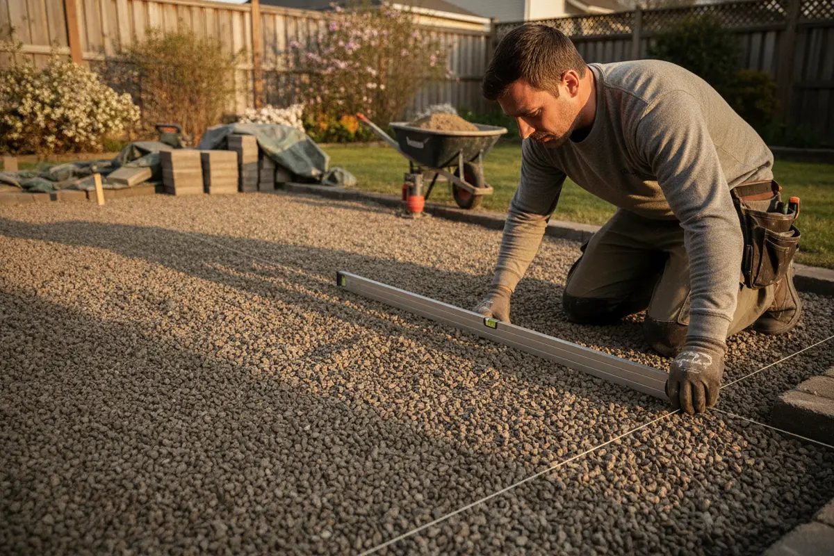 Compacted aggregate base being checked for slope before patio pavers are laid
