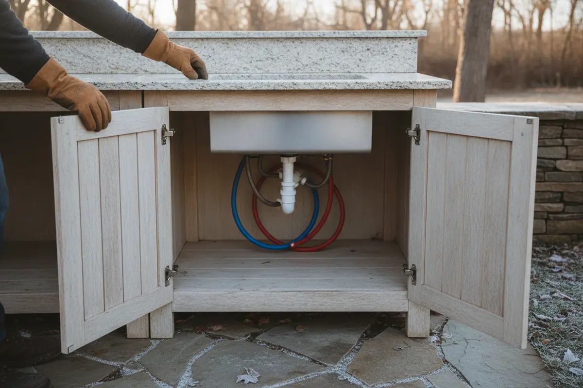 Dry sink cabinet and plumbing inspected before outdoor kitchen winter