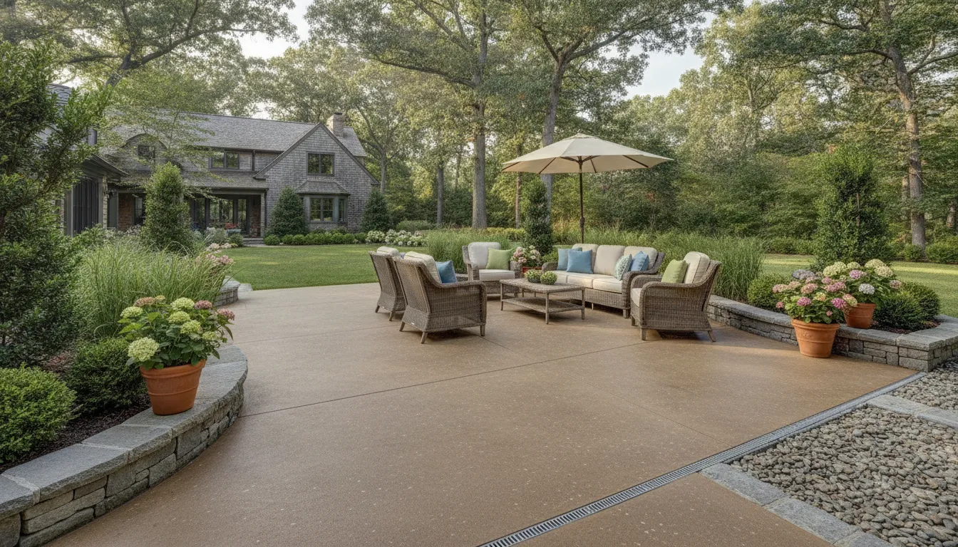 Coated concrete patio beside Long Island landscaping and masonry