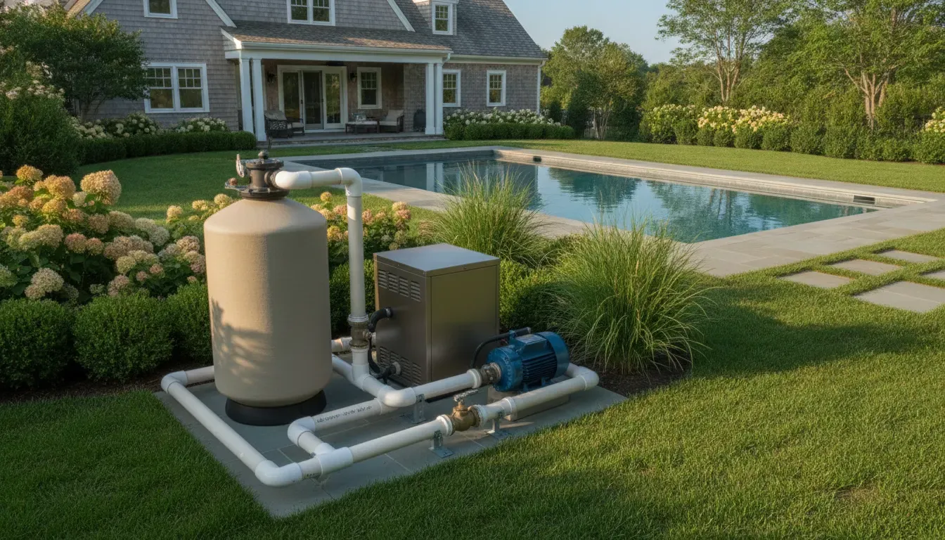 Residential swimming pool pump and filter equipment beside a landscaped backyard pool