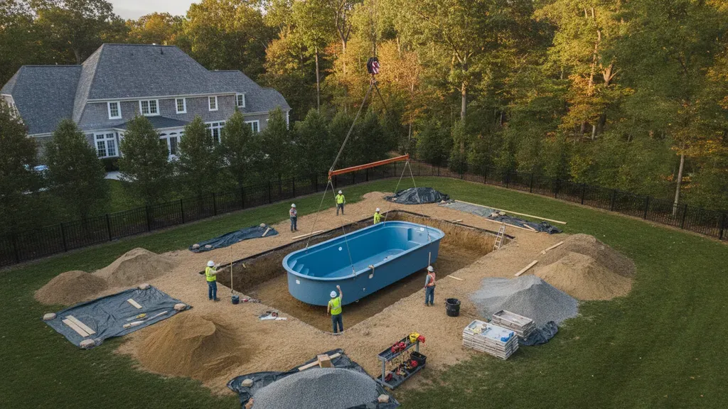 Fiberglass pool shell being lowered into a prepared Long Island backyard excavation