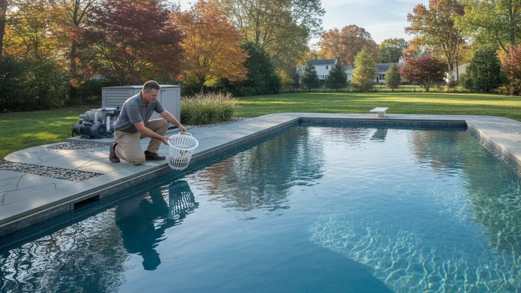 Homeowner checking a fiberglass pool skimmer and equipment in a Long Island backyard