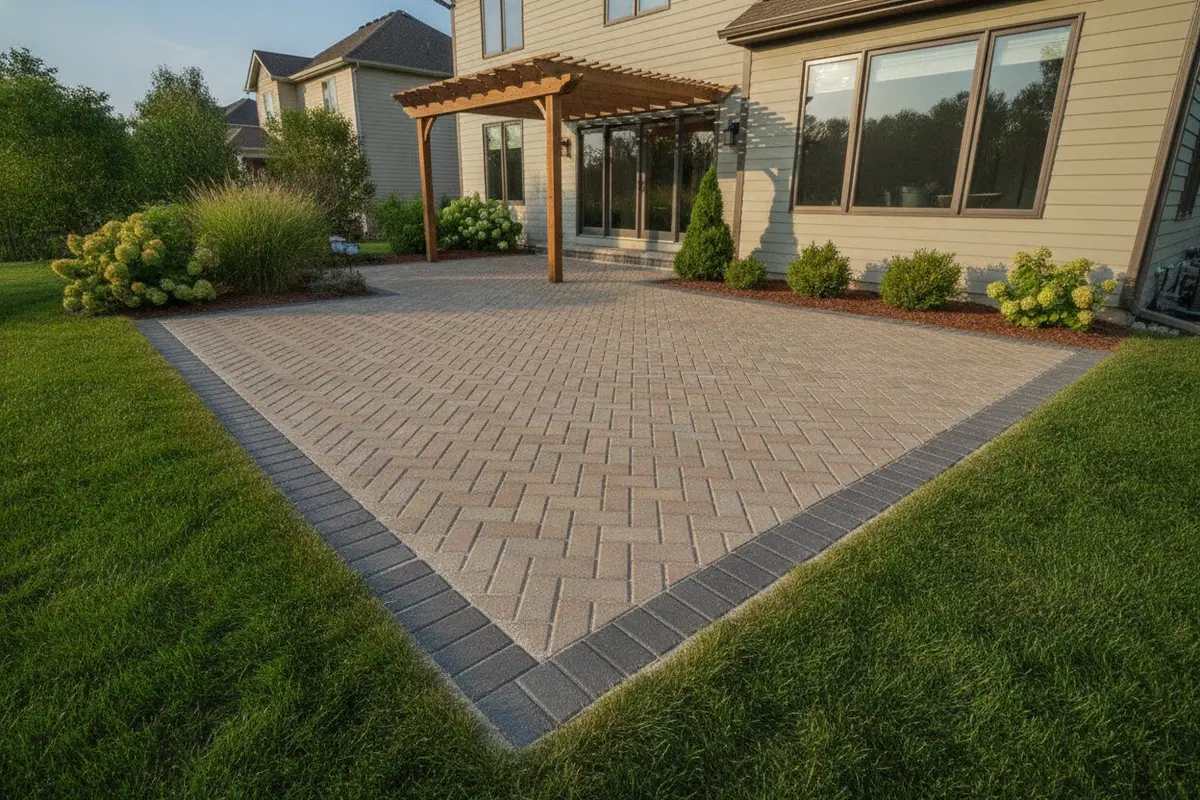 Finished paver patio with a clean border and a clear transition to the lawn