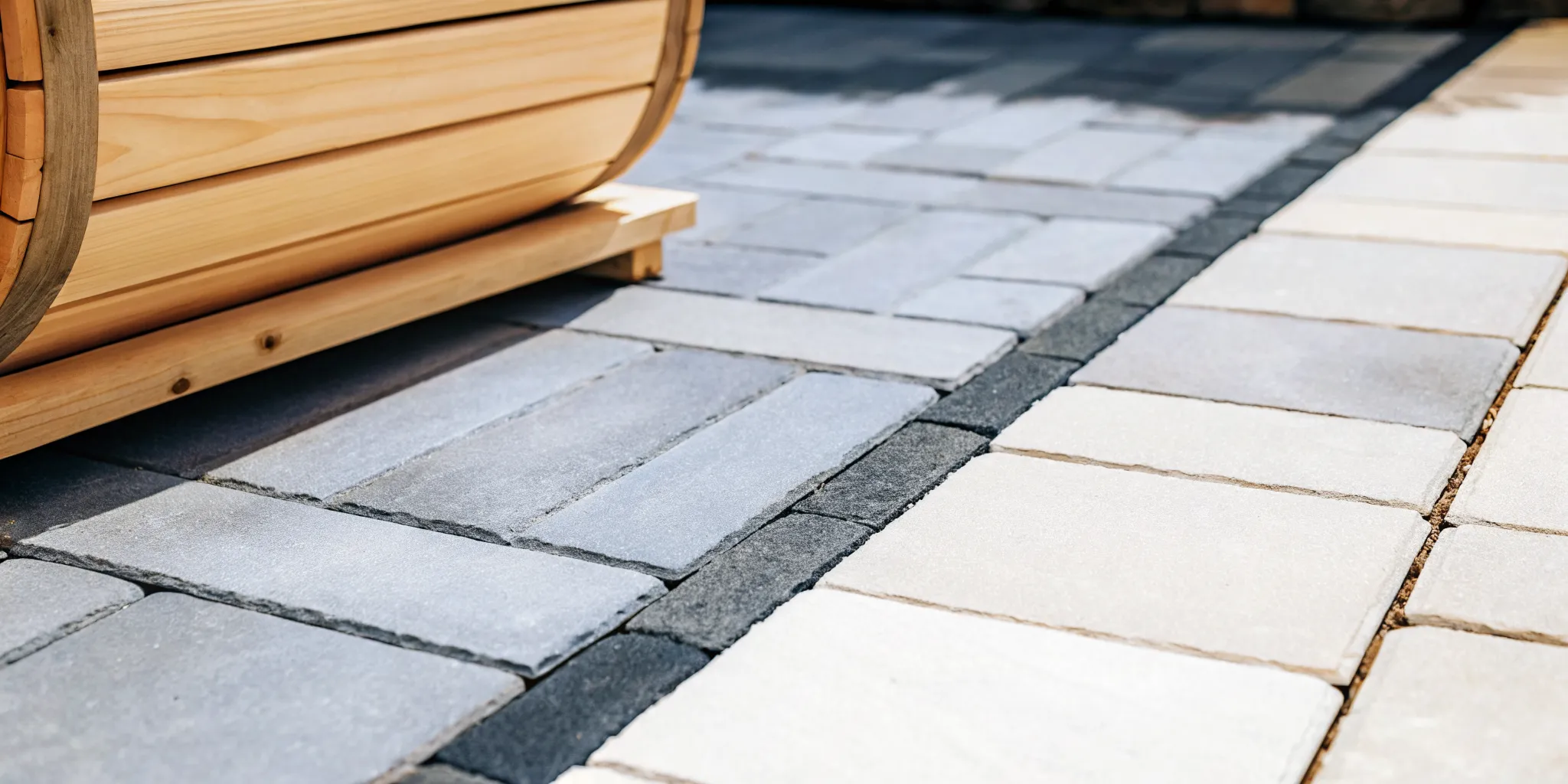 A professionally prepped paver stone patio foundation by Gappsi, perfectly leveled and ready for support cradles during a barrel sauna installation on Long Island.