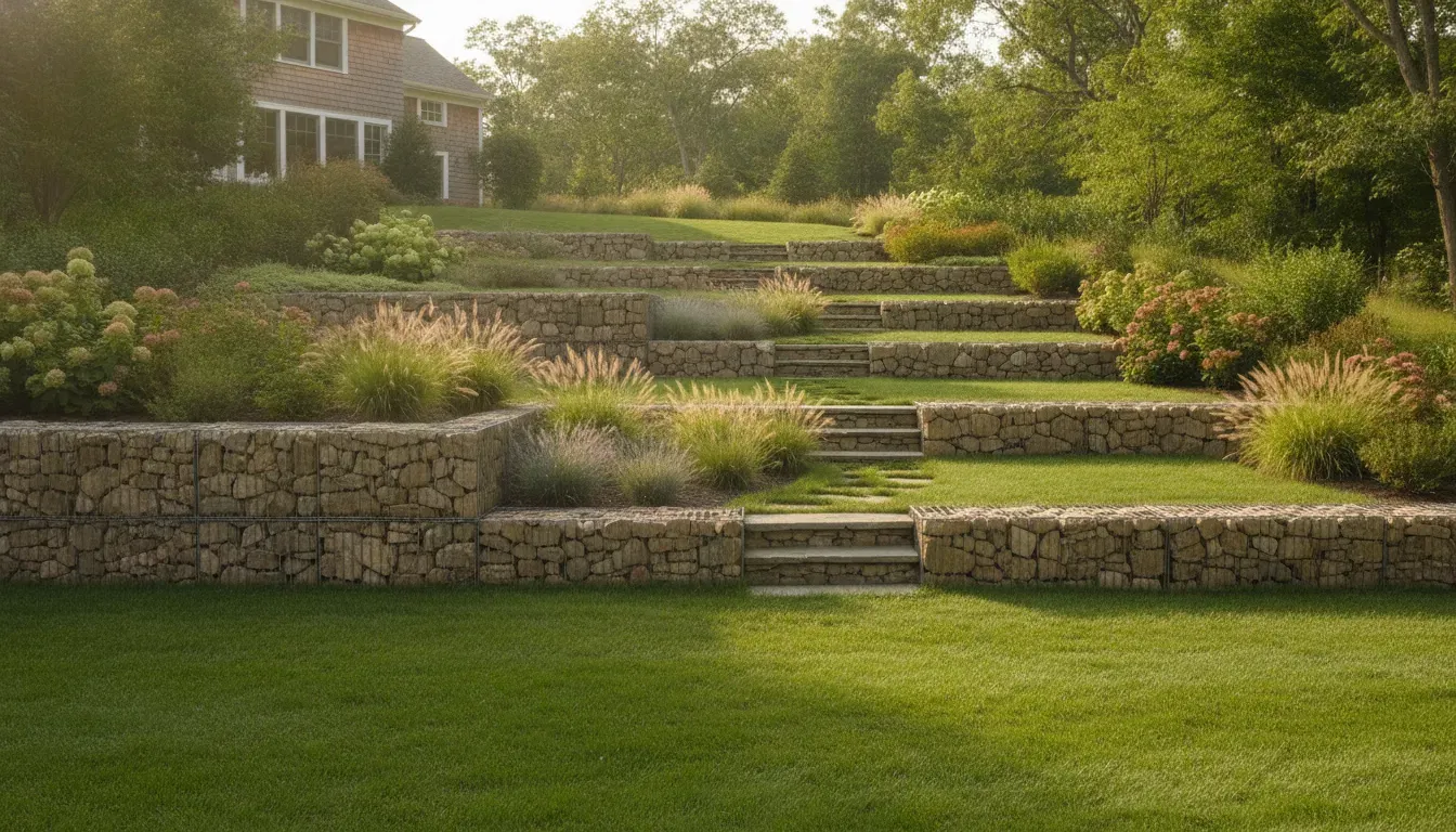 Gabion wall terraces with steps and plantings on a Long Island residential slope