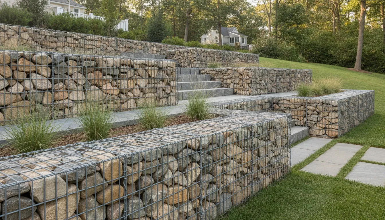 Stone-filled gabion wall supporting a planted Long Island slope