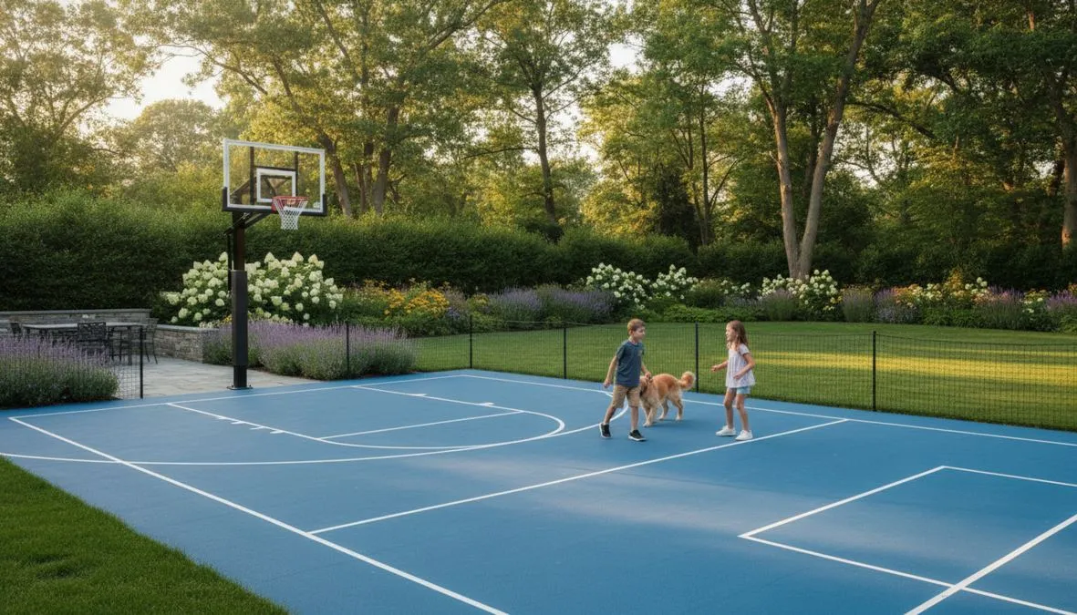 Custom multi-sport backyard game court installation on Long Island